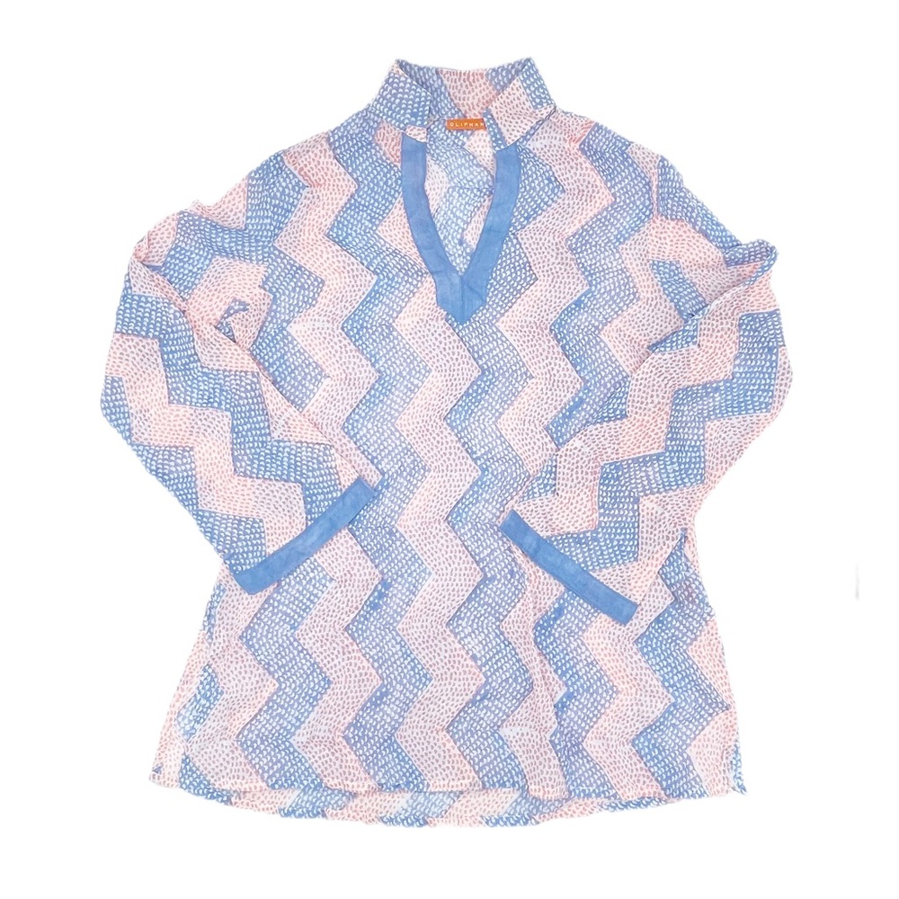 Oliphant Women's Blue & Orange 100% Cotton Lightweight Popover Tunic Size Large
